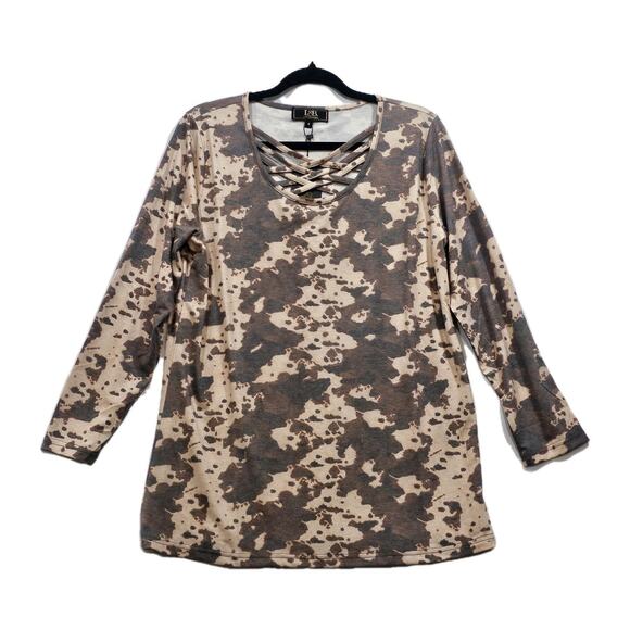 Lucky and Blessed Brown Cow Print 3/4 Sleeve Size S NWT Western Boho Stagecoach - Picture 1 of 7